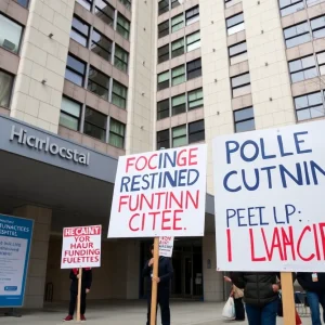 Demonstrators protesting against hospital funding cuts in New York City.