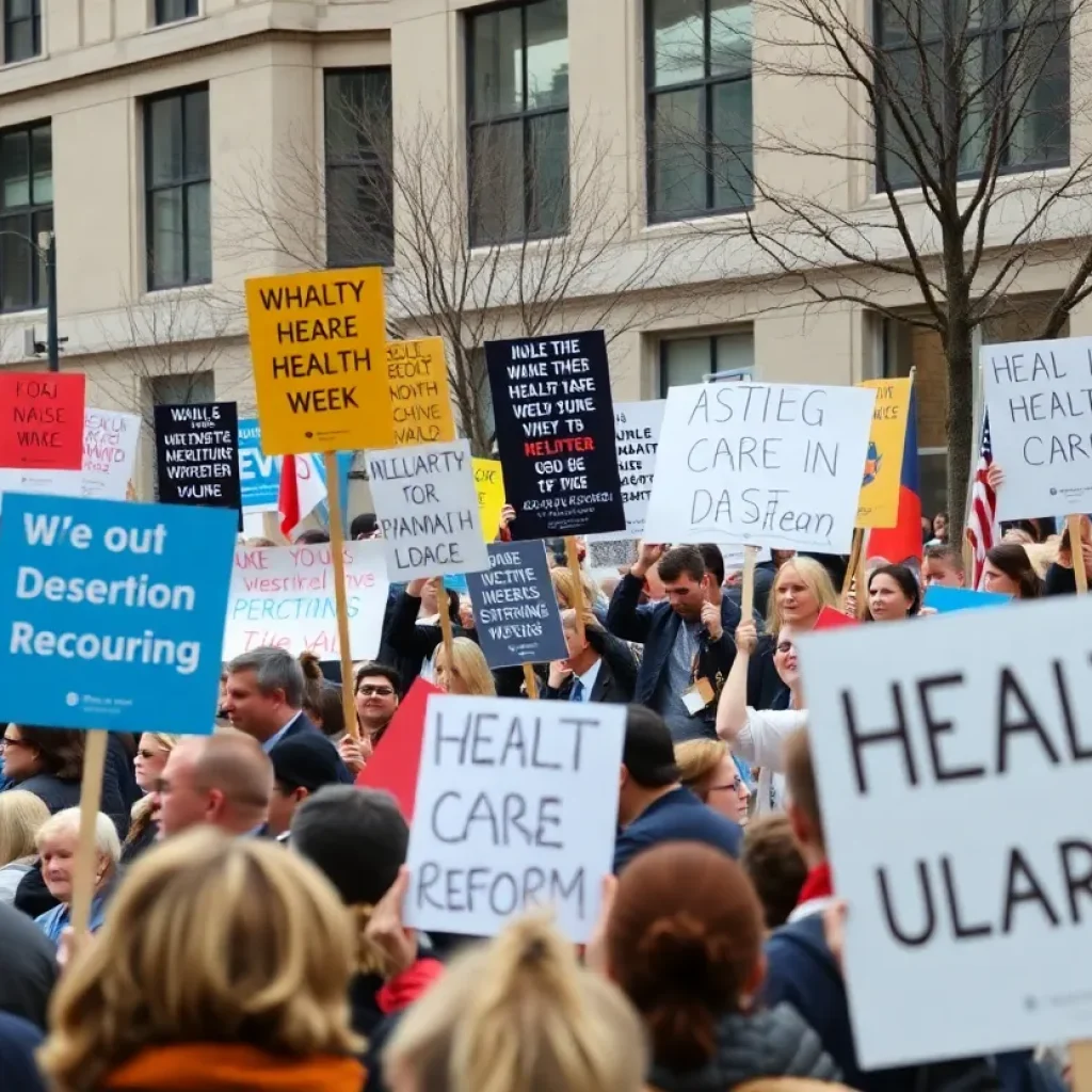 Public rally showing support for health care reform with various banners