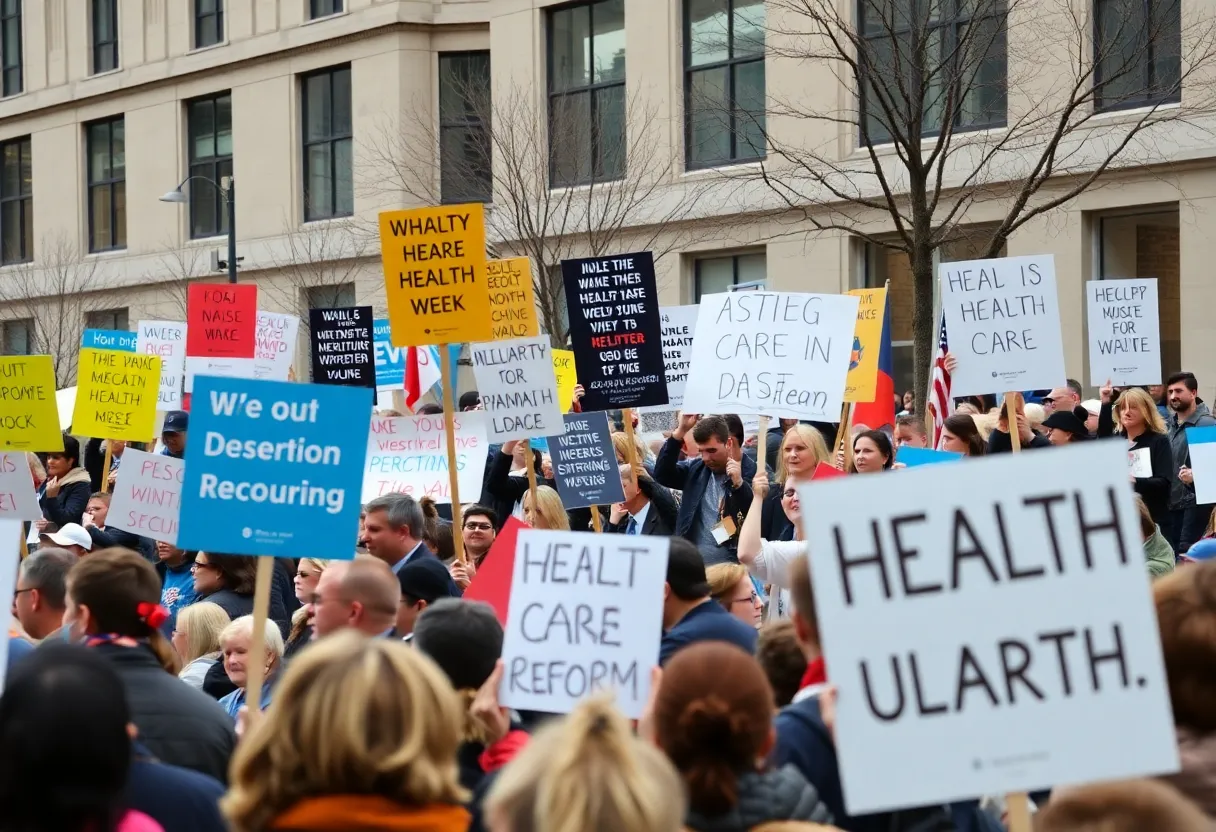 Public rally showing support for health care reform with various banners