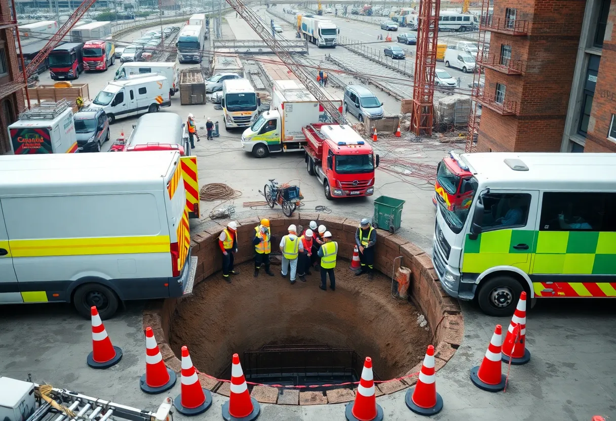 Emergency personnel conducting a recovery operation at a construction site.