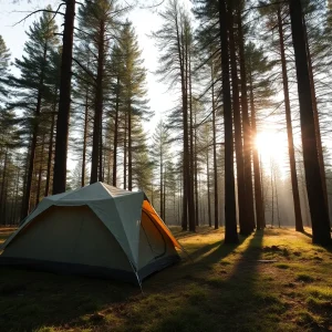 A peaceful forest scene with a ranger's tent set in a secluded area.
