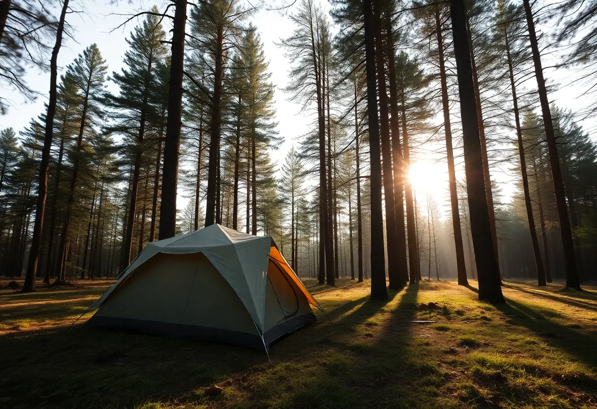 A peaceful forest scene with a ranger's tent set in a secluded area.