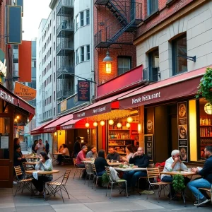 Various new restaurants open in Long Island City with people dining outdoors.