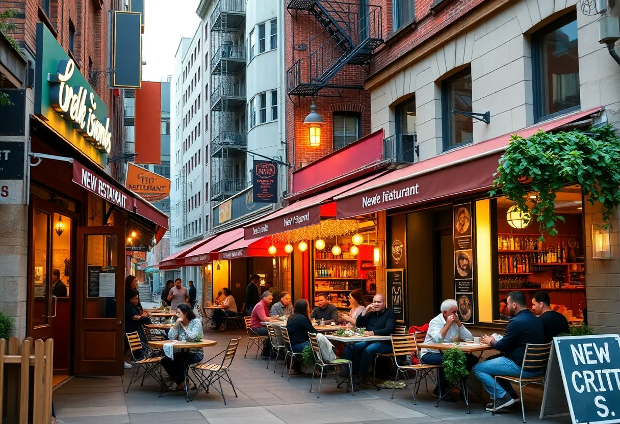 Various new restaurants open in Long Island City with people dining outdoors.