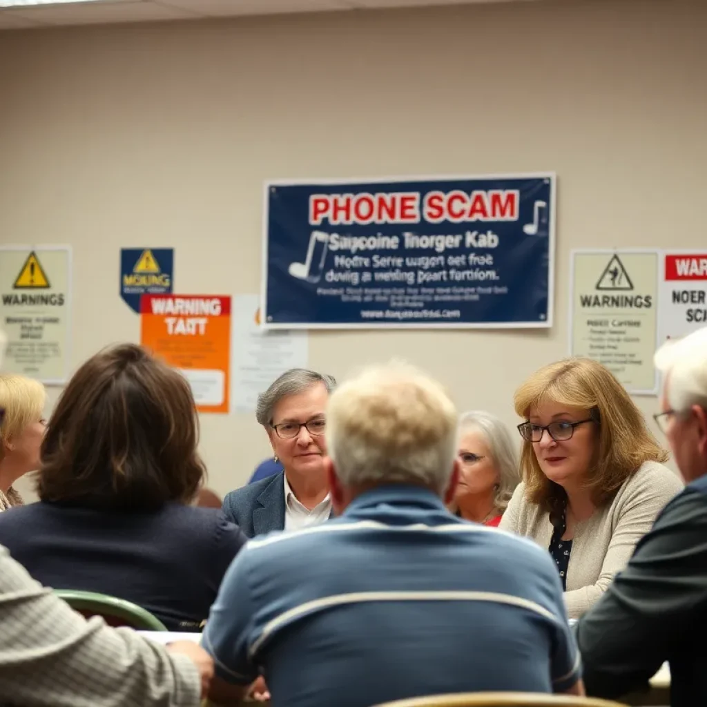Residents discussing phone scam warnings at a community meeting in Rome, New York.