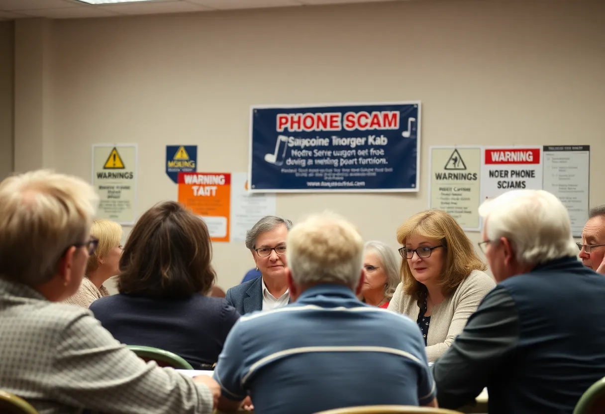 Residents discussing phone scam warnings at a community meeting in Rome, New York.