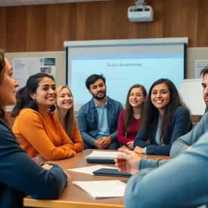 Young adults learning about scams in a classroom