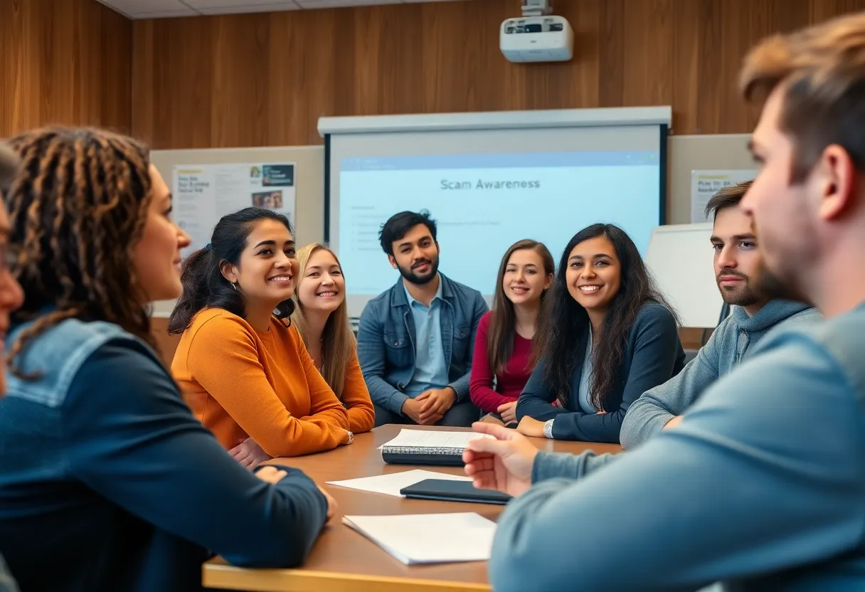 Young adults learning about scams in a classroom