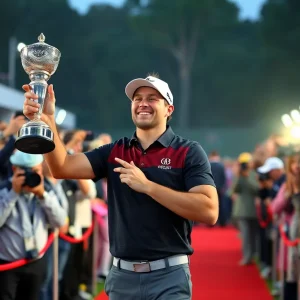 Golfer celebrating his championship victory on red carpet event