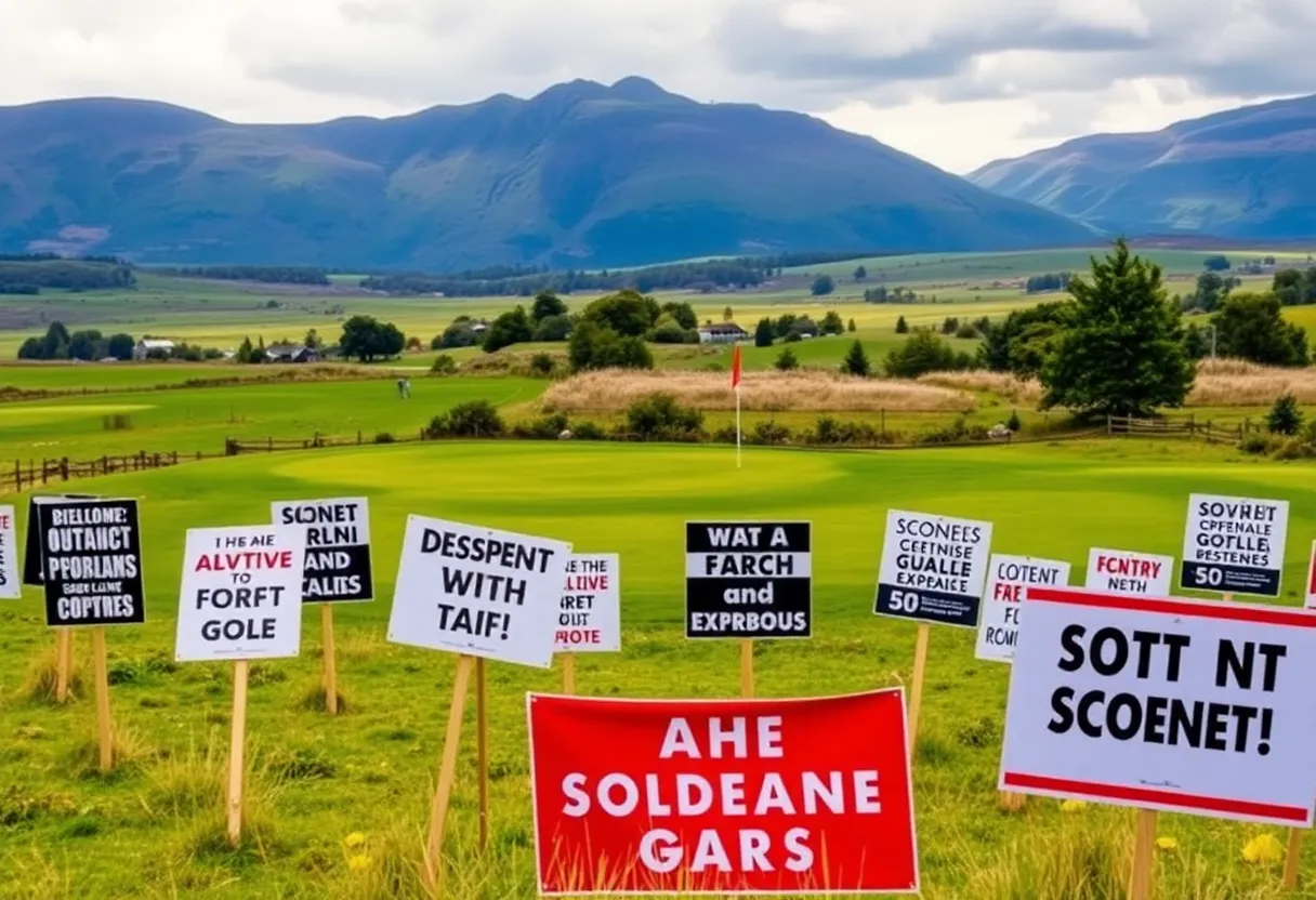Golf course with protest signs in Scotland