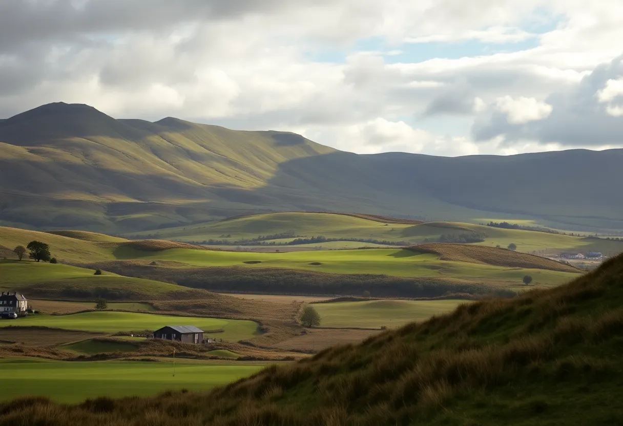 A picturesque view of a Scottish golf course with lush greenery.