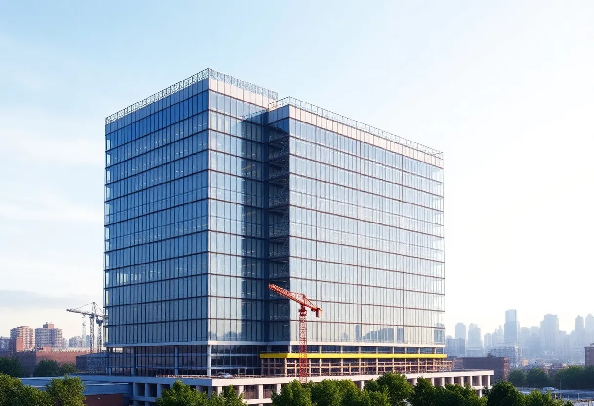 A modern high-rise medical facility under construction in Seattle.
