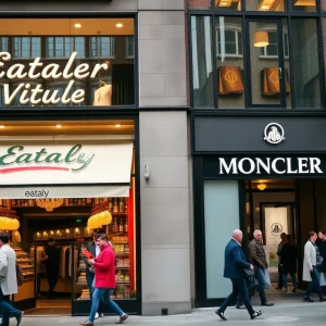 Vibrant retail space in SoHo, New York with Eataly and Moncler storefronts.