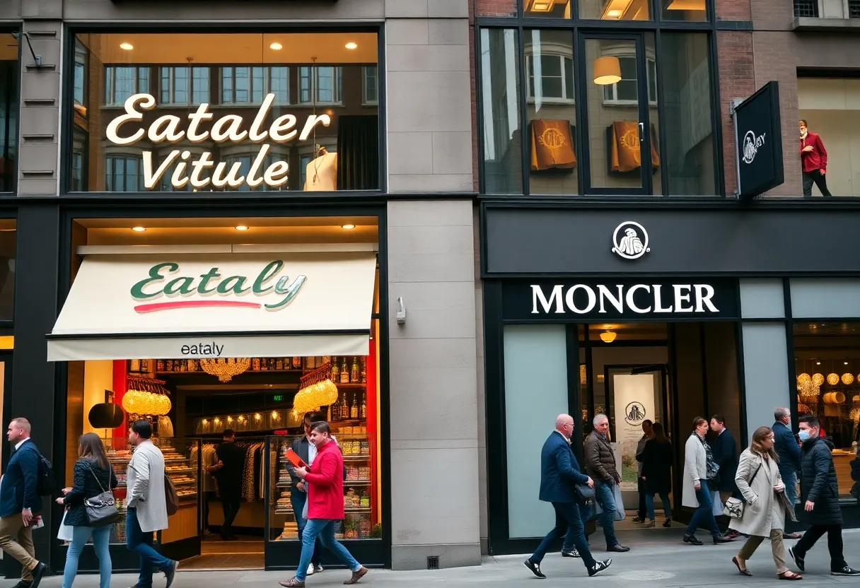 Vibrant retail space in SoHo, New York with Eataly and Moncler storefronts.
