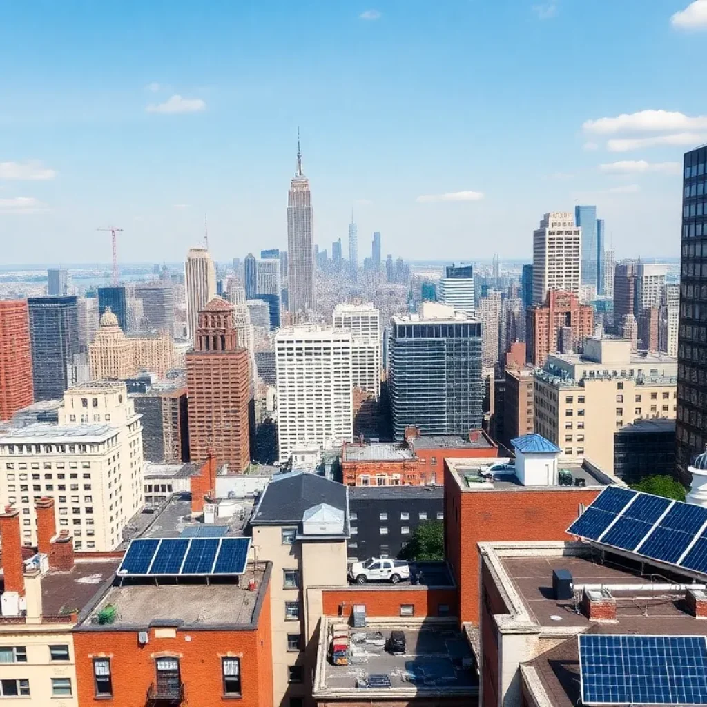 Brooklyn rooftops with solar panels and a city skyline in the background