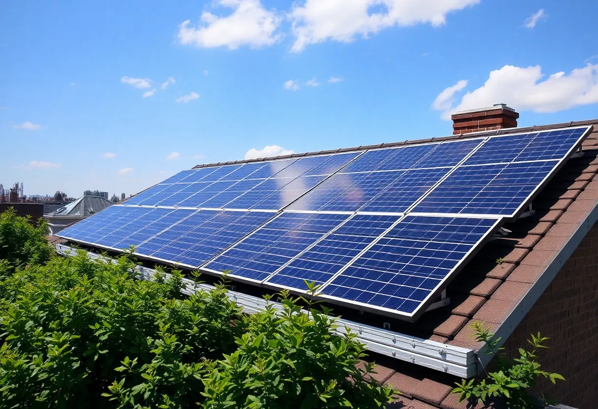 Solar panels on a roof in New York reflecting the green energy movement