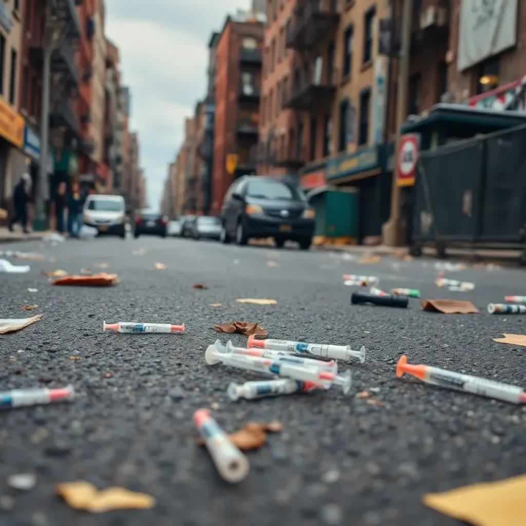 Depiction of South Bronx's ongoing drug crisis with an urban setting