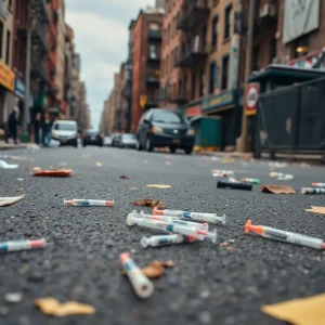 Depiction of South Bronx's ongoing drug crisis with an urban setting