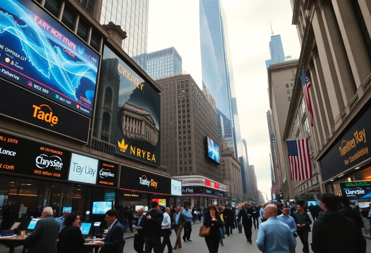 Traders and brokers in a financial district with stock market tickers