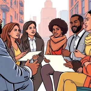 Diverse group of New York business owners collaborating on support resources