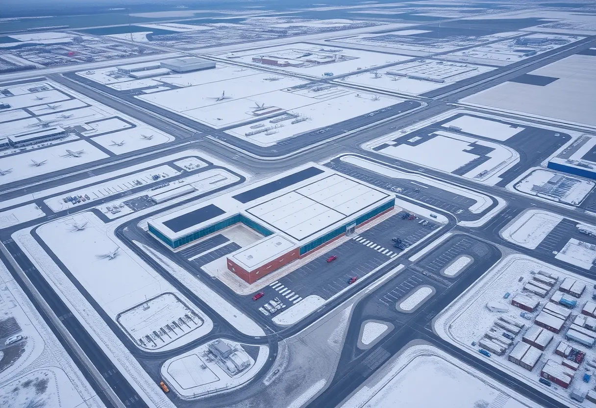Aerial view of Syracuse Hancock International Airport with expansion projects visible.