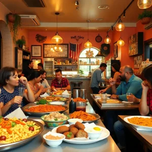 Interior view of Taim Mediterranean Kitchen with customers dining