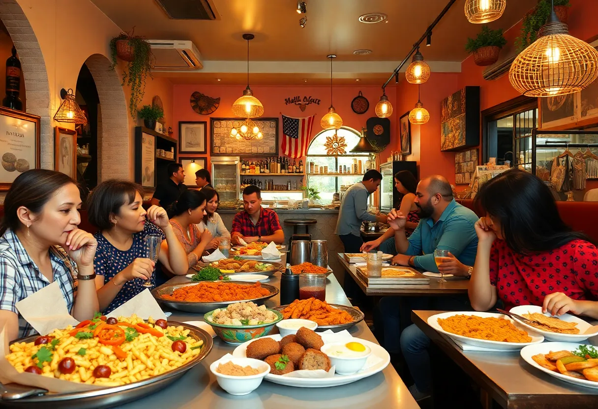 Interior view of Taim Mediterranean Kitchen with customers dining