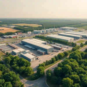 Aerial view of Tesla Gigafactory with green surroundings