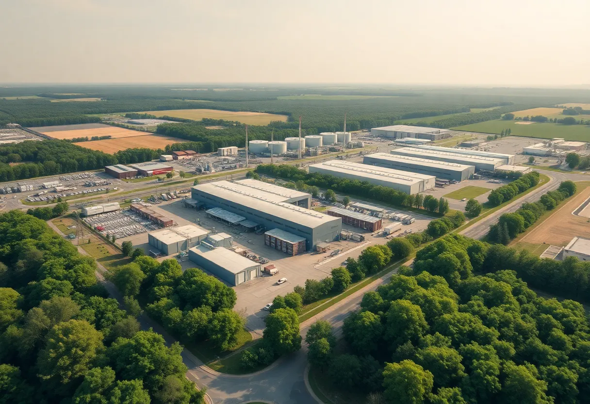 Aerial view of Tesla Gigafactory with green surroundings