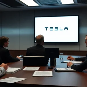 Executives discussing Tesla governance issues in a corporate setting