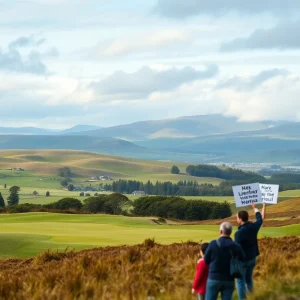 Scenic landscape of a golf course in Scotland with protest signs in the background