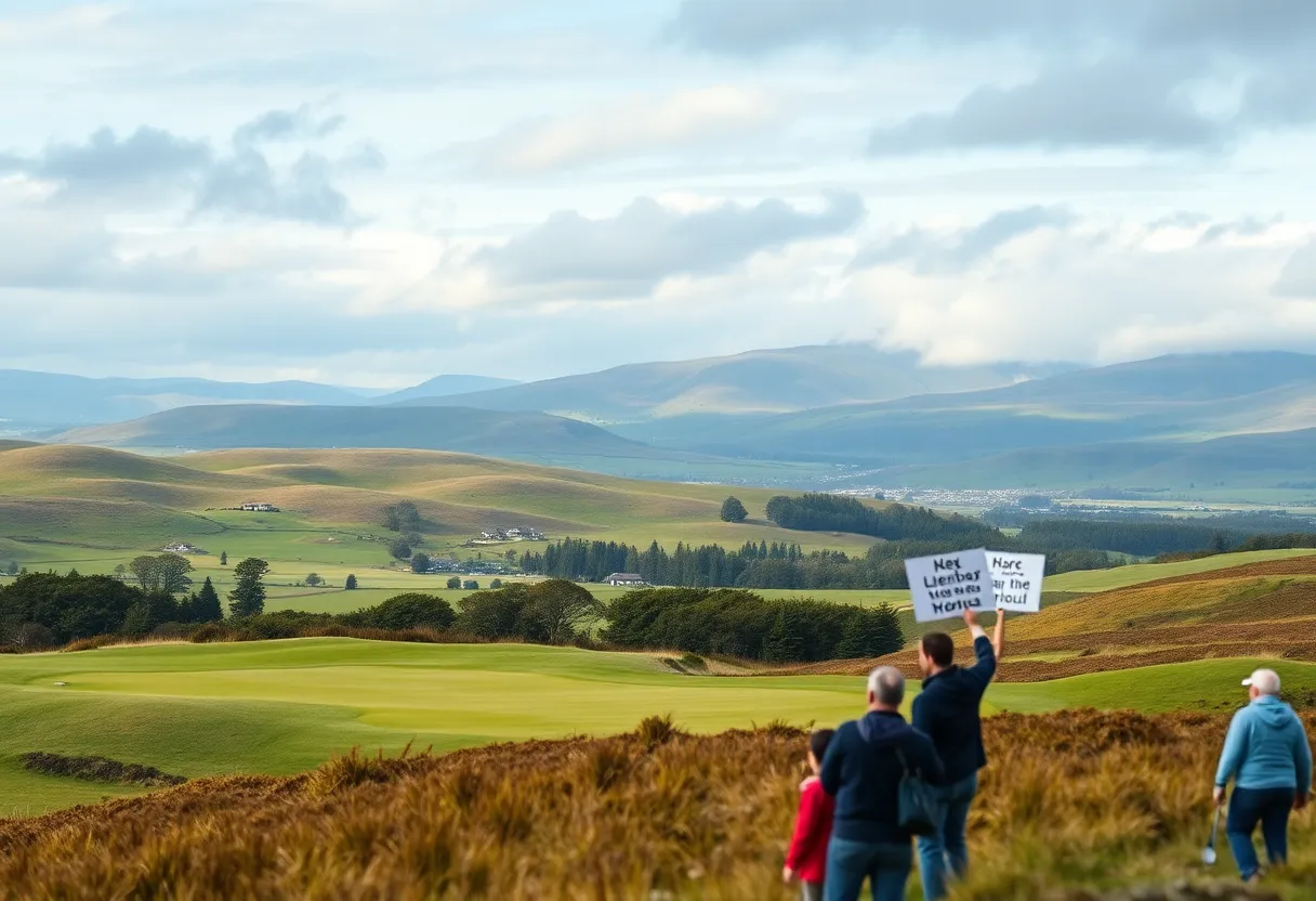Scenic landscape of a golf course in Scotland with protest signs in the background