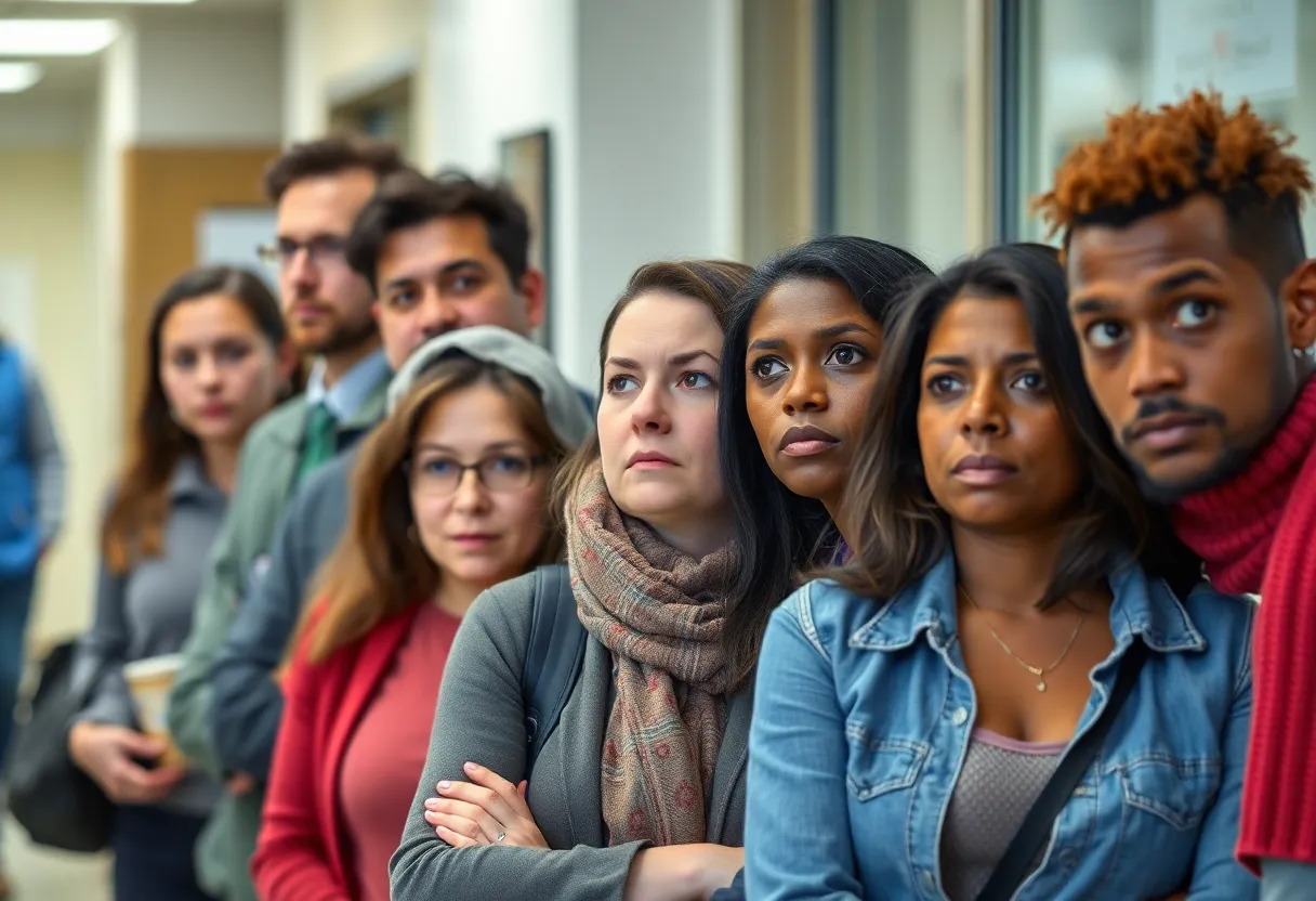 Group of individuals looking worried while waiting at an office for unemployment benefits