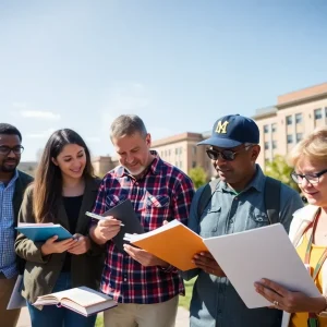 Diverse veterans studying on a college campus