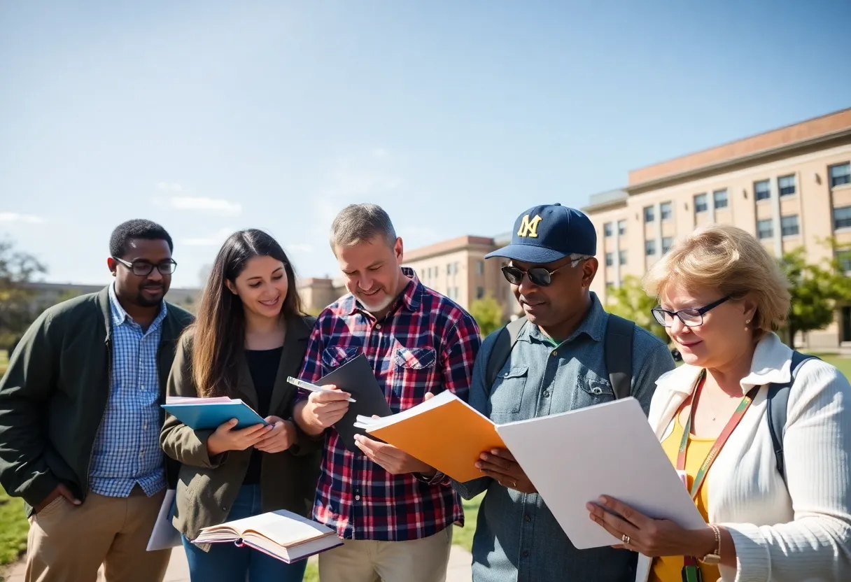 Diverse veterans studying on a college campus