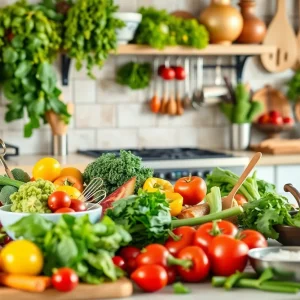 A colorful kitchen with fresh vegetables and cooking tools, symbolizing creativity in cooking.