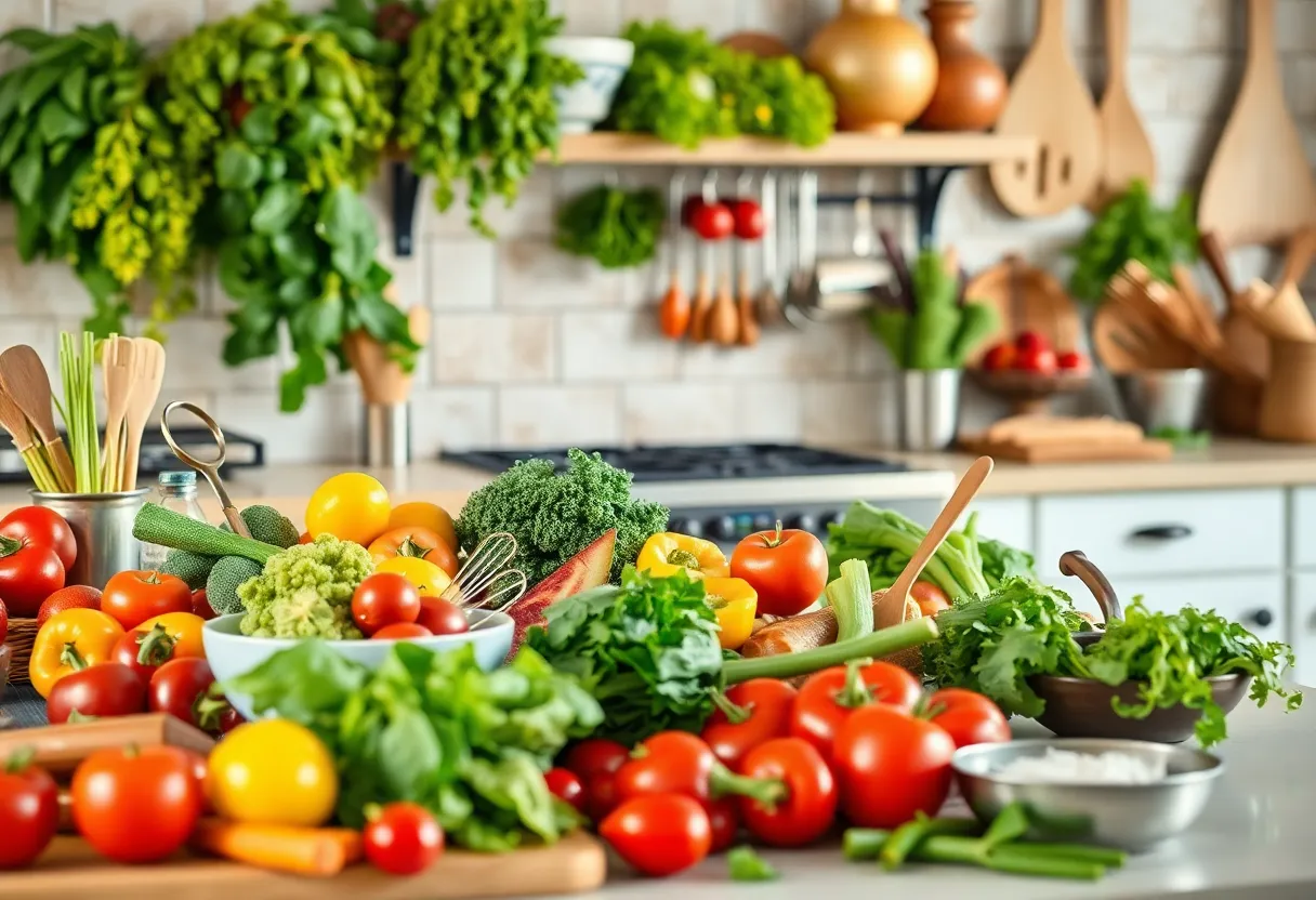 A colorful kitchen with fresh vegetables and cooking tools, symbolizing creativity in cooking.