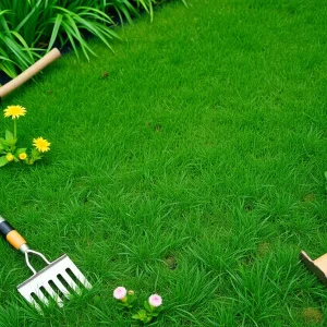 A lush green lawn in New York with various grass types and garden tools.