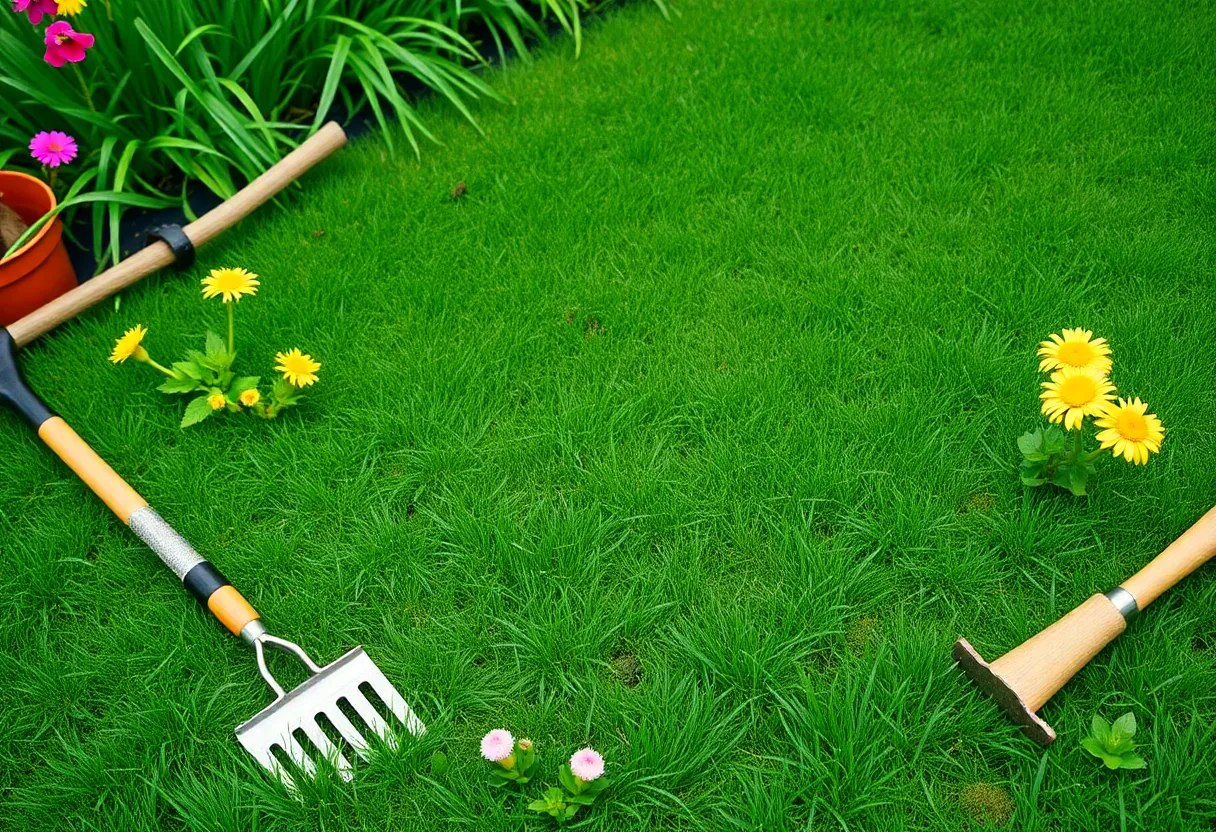 A lush green lawn in New York with various grass types and garden tools.