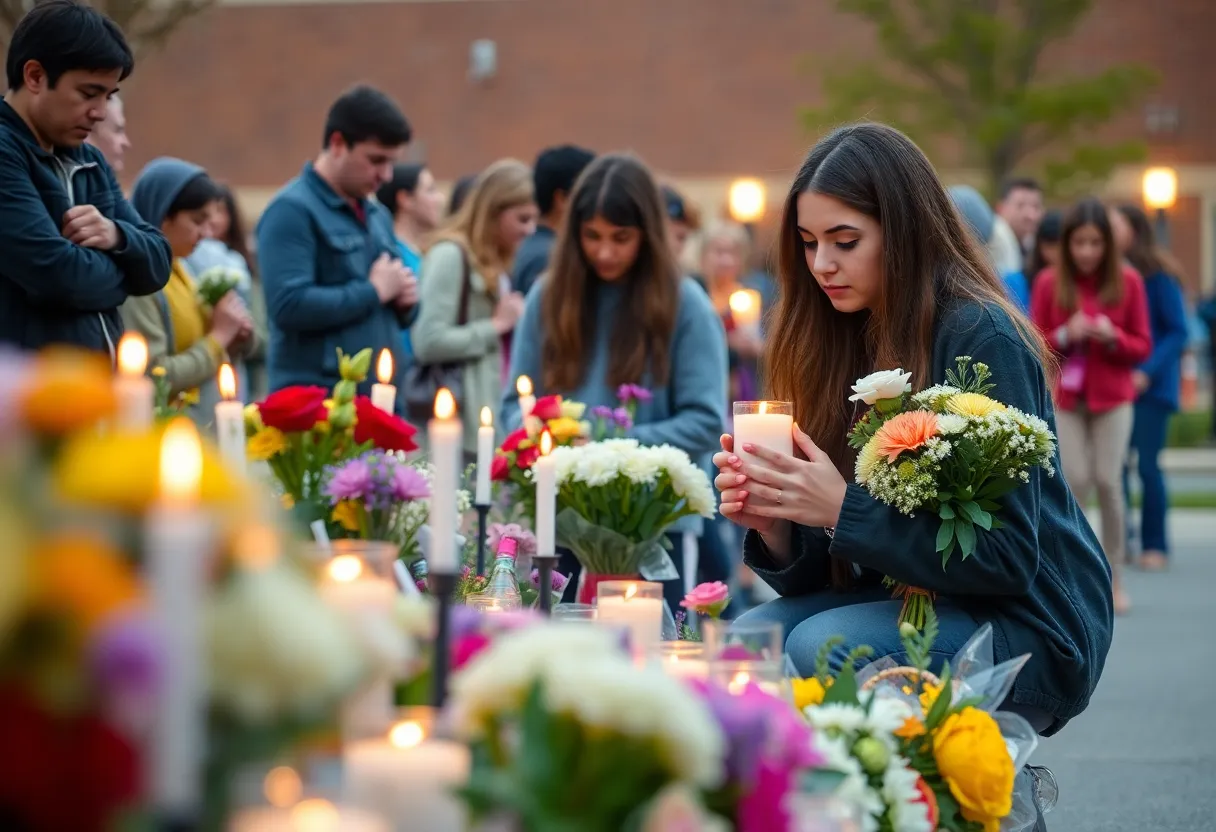 Community members holding candles at a vigil in honor of a young man lost in a forklift accident.
