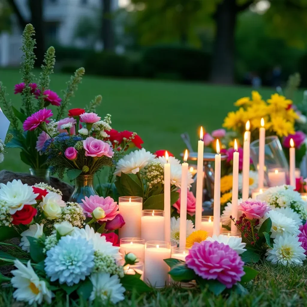 Candles and flowers at a vigil in memory of a young girl