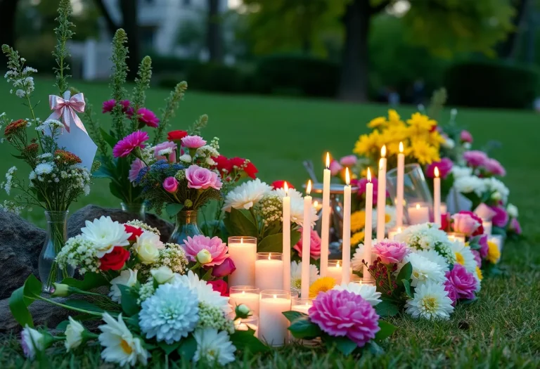 Candles and flowers at a vigil in memory of a young girl