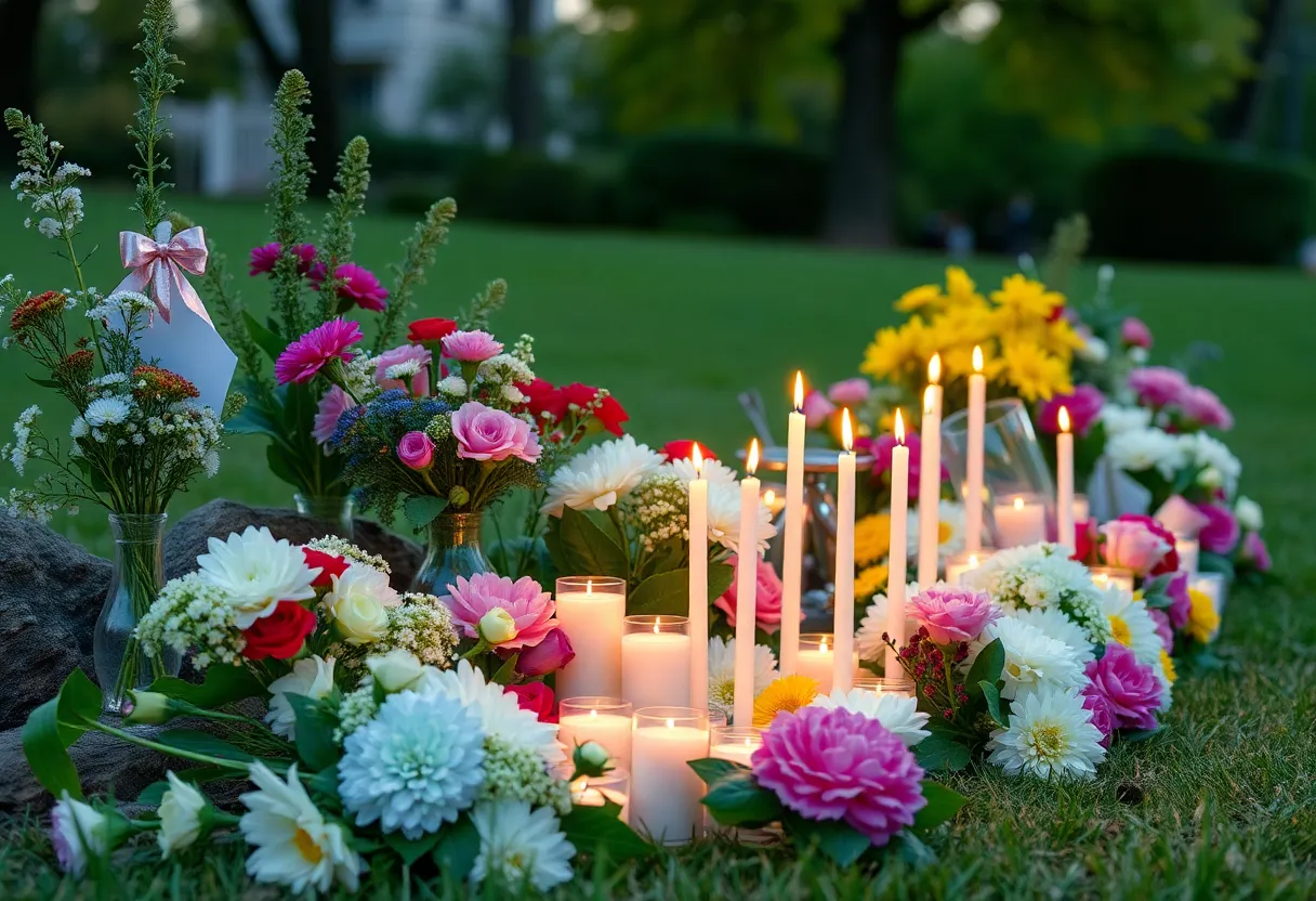 Candles and flowers at a vigil in memory of a young girl