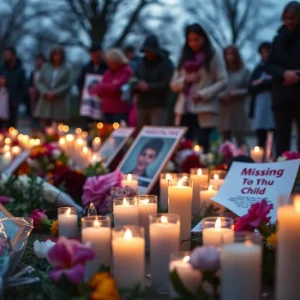 Vigil in memory of a missing child with candles and flowers