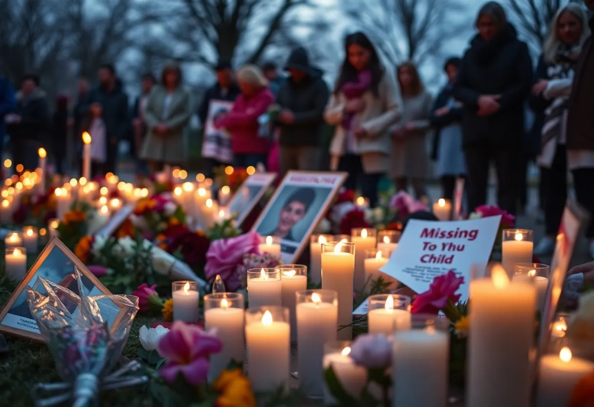 Vigil in memory of a missing child with candles and flowers