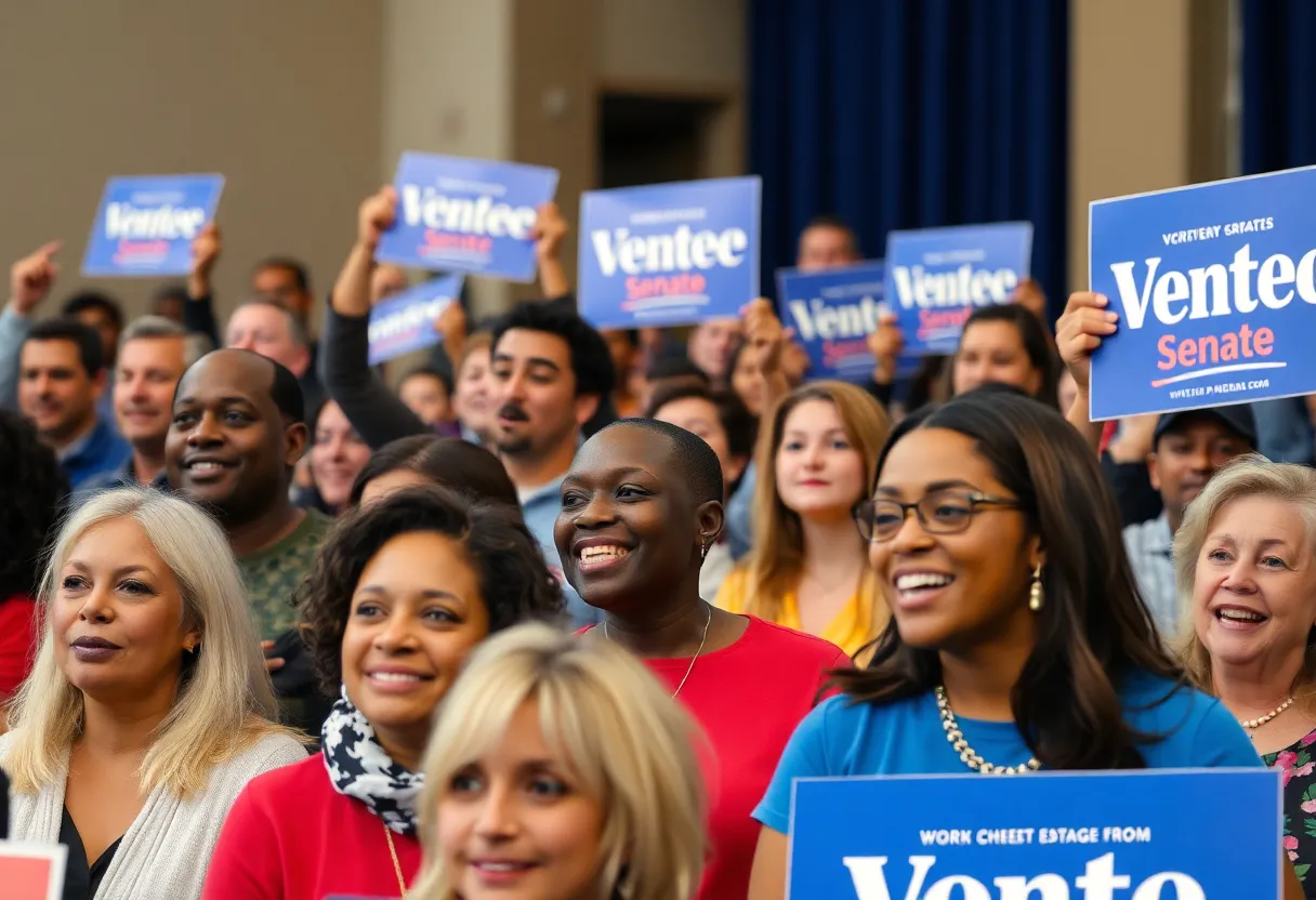 Diverse voters at a political rally supporting a Senate candidate.