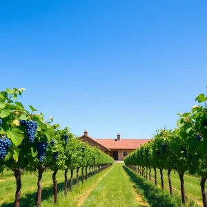 A scenic view of Weis Vineyards with grapevines and winery building