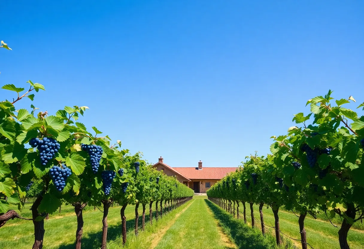A scenic view of Weis Vineyards with grapevines and winery building