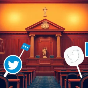 Courtroom scene representing social media legal issues