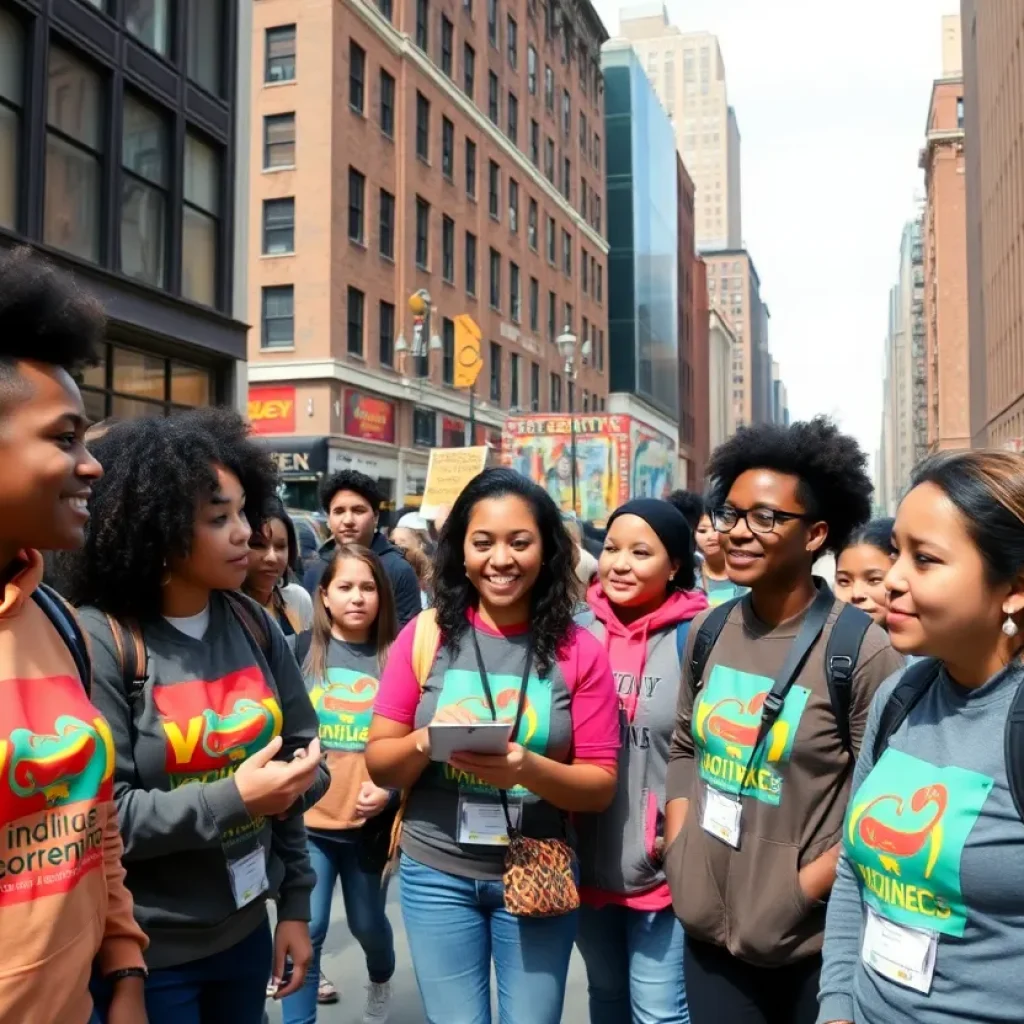 Diverse volunteers canvassing in New York City for a political campaign.